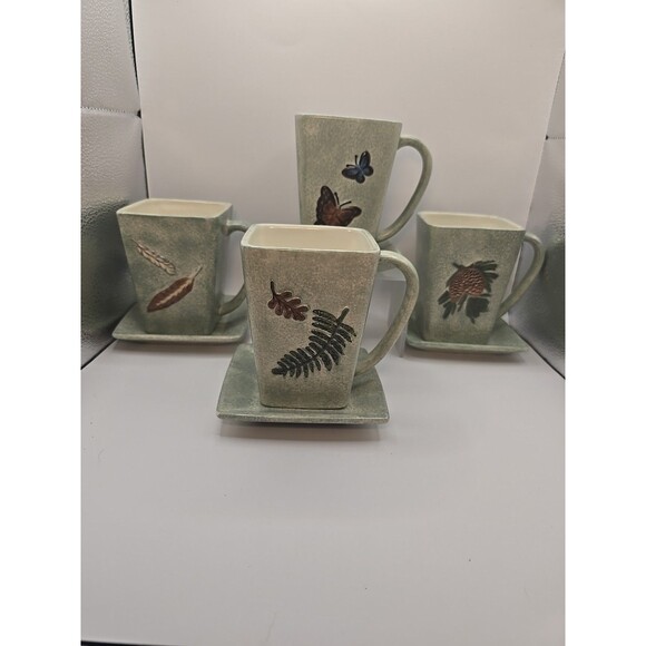 Set Of 4 MWW Market Plates 4.5” & Mugs Green Butterflies, Feather, Leaves, Acorn - Picture 1 of 8